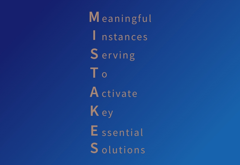 Yellow text on blue background spelling out the word mistakewith the following words: Meaningful instances serving to activate key essential solutions.