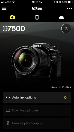 SnapBridge app UI displaying NikonD7500 camera integration